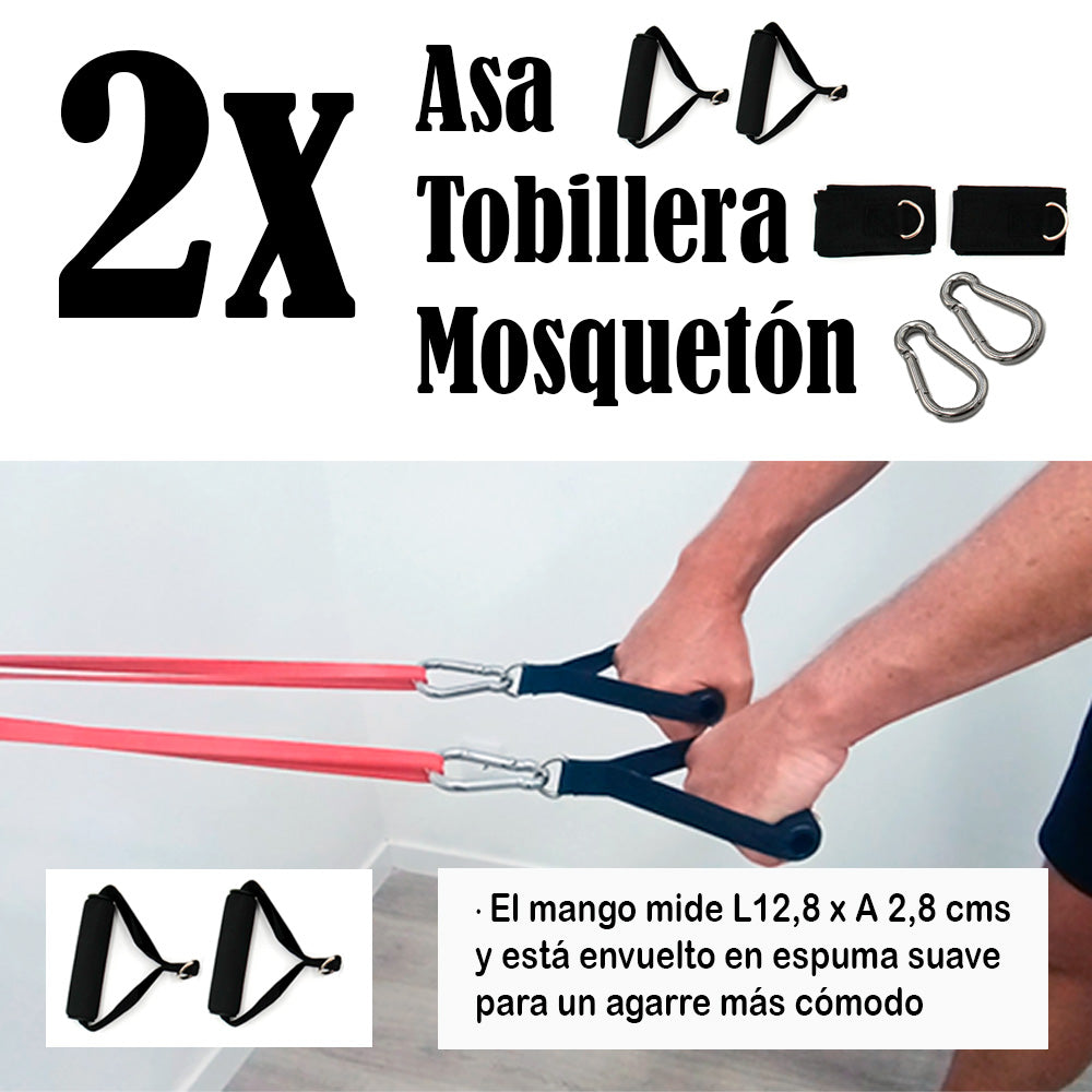 .CMNW Kit completo de entrenamiento 42 piezas. Incluye: 13 bandas elásticas, 3 Anclajes de pared, 1 Anclaje de puerta, 2 Asas, 2 Tobilleras y 1 Cuerda de saltar