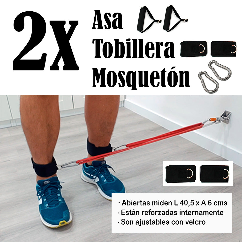.CMNW Kit completo de entrenamiento 42 piezas. Incluye: 13 bandas elásticas, 3 Anclajes de pared, 1 Anclaje de puerta, 2 Asas, 2 Tobilleras y 1 Cuerda de saltar