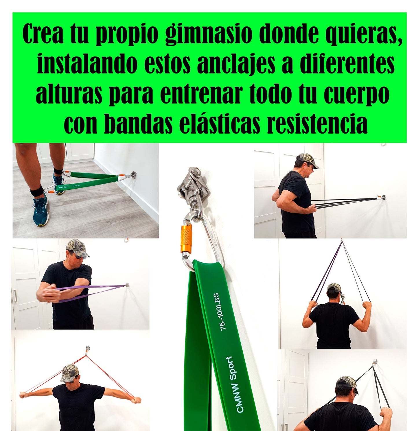 .CMNW Anclaje Pared Bandas Elásticas Musculación (Incluye: Gancho rotatorio a 360º, mosquetón 25Kn, 2 Tornillos para hormigón y 2 Tornillos para Madera)