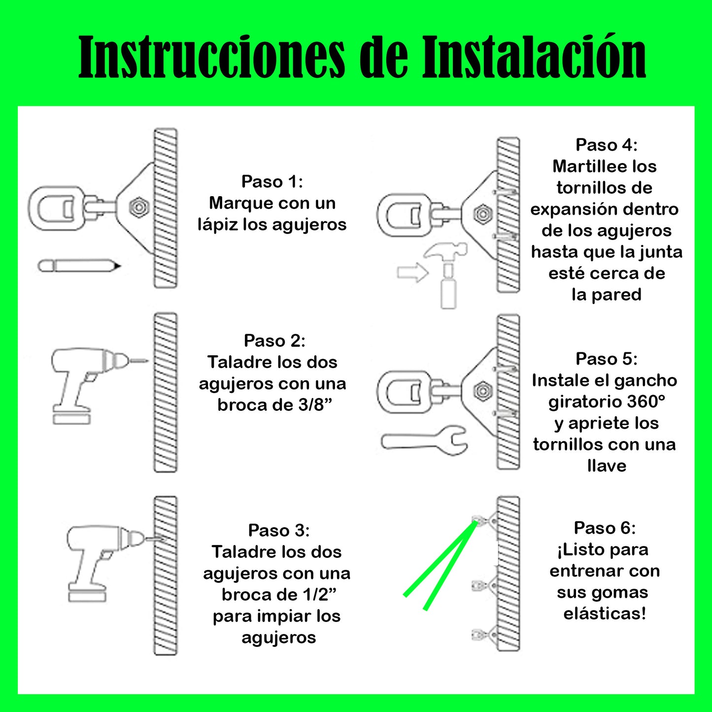 .CMNW Anclaje Pared Bandas Elásticas Musculación (Incluye: Gancho rotatorio a 360º, mosquetón 25Kn, 2 Tornillos para hormigón y 2 Tornillos para Madera)